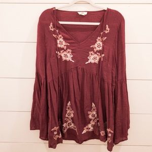 Maroon embroidered blouse, bell sleeve, size large